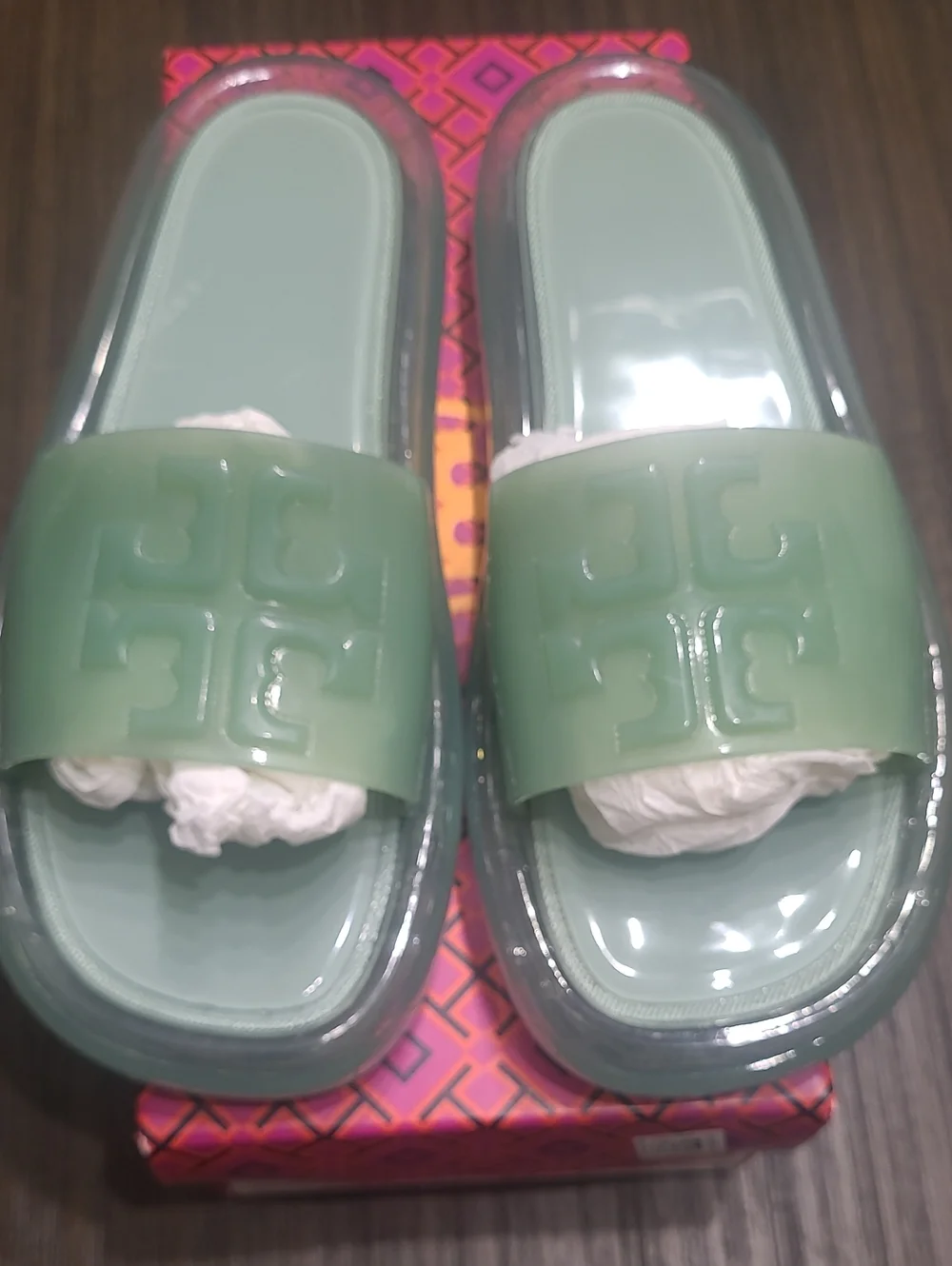 Tory Burch Mint Green Logo Slide Sandals